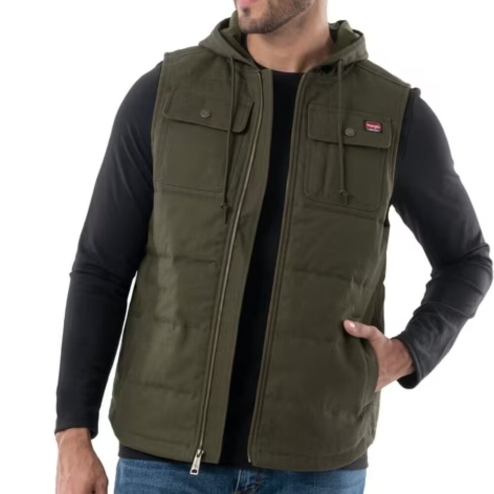 Wrangler Workwear Men's Olive Quilted Lined Duck Vest with Hood Sz XL Full Zip